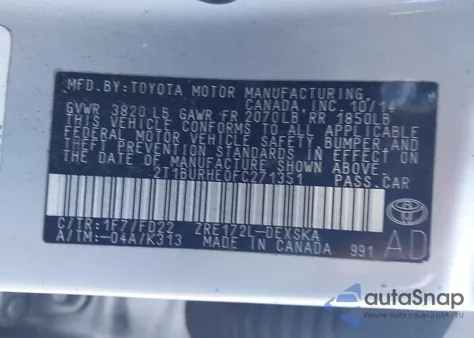 2015 Toyota Corolla L from USA, damaged, VIN 2T1BURHE0FC271351